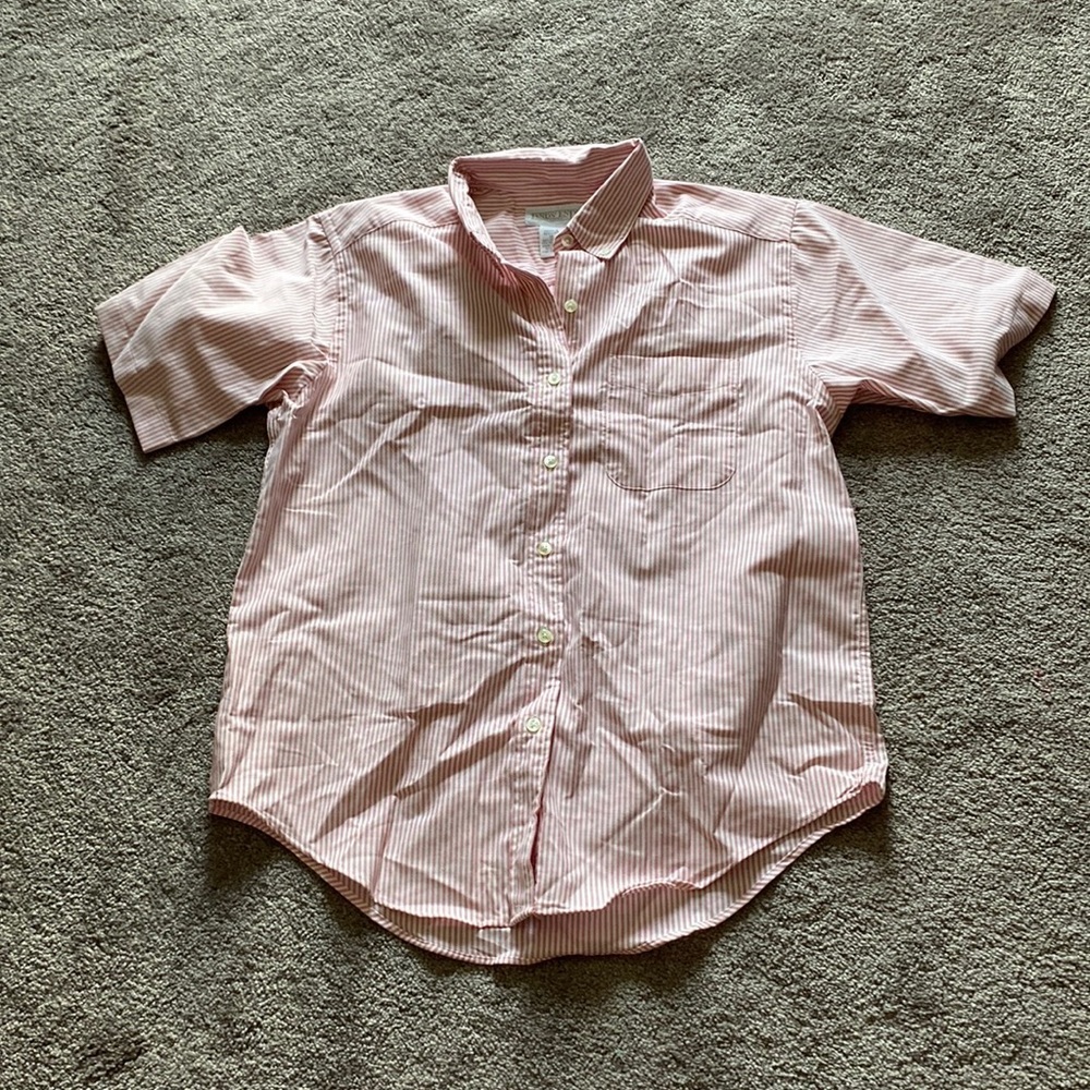Lands’ End Pink White Pinstripe Short Sleeve Button Down Shirt SIZE 12